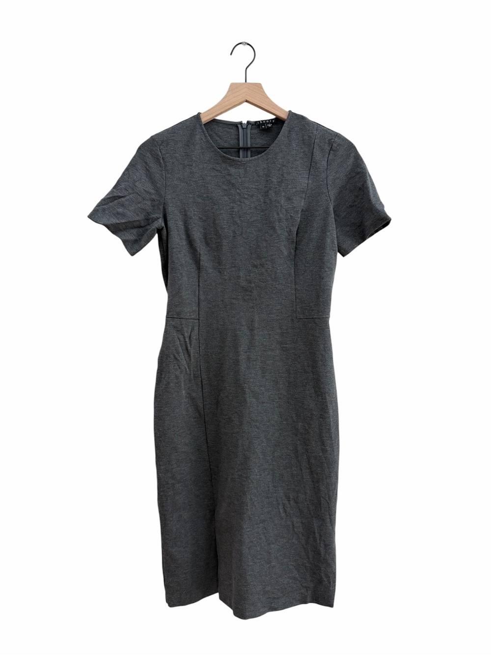 Theory Winstine Refiner Classic Short-Sleeve Gray Sheath Dress with Front Slit - Picture 2 of 11